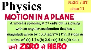 A wheel is spinning at 27 rad/s but is slowing with an angular acceleration that has a magnitude