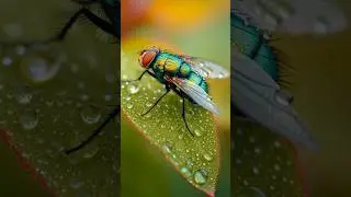 a metallic green bottle fly perched on a dew-covered leaf. #insects #shorts #animals