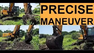 Backhoe Excavator Precise Maneuver beside our house. Dangerous maneuver.