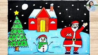 How to Draw Christmas Scenery Drawing | Winter Season Drawing | Easy Christmas Tree Drawing for Kids