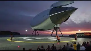 A Tesla vertical entry exploration vehicle lowers onto a circular landing pad  its stabilizers deplo