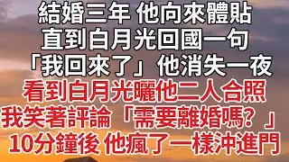 【完結】結婚三年 他向來體貼，直到白月光回國一句，「我回來了」他消失一夜，看到白月光曬他二人合照，我反手點贊「需要離婚嗎？」10分鐘後 他瘋了一樣沖進門#婚姻 #情感