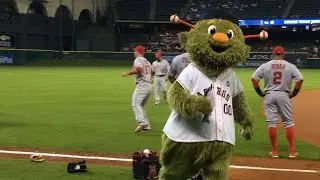 Astros mascot Orbit gets Trout to sign a ball for kid