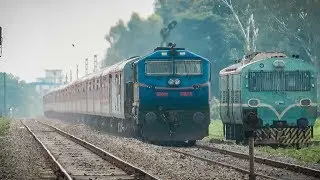 SGUJ EMD WDP4 thrashes Aluabari Road Jn. with 12424 Dibrugarh Rajdhani Exp