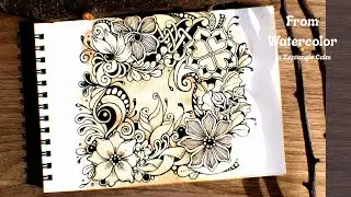 Brown Watercolor Wash + Black Pen Zentangle  Relaxing Earth‑Tone Line Art