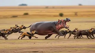 Epic Chase: Young Hippo vs. Wild Dogs!