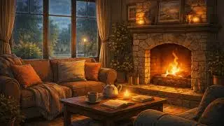 Relaxing Rain Music 🌧️ Cozy Living Room with Fireplace | Calm Night Ambience
