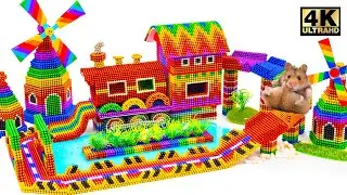 Build Train Station Playground With Windmills, Rainbow Slide For Hamster Magnetic Balls Satisfying