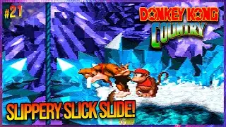 Donkey Kong Country (SNES Gameplay, Stage 21) ㅡ Slipslide Ride, Gorilla Glacier