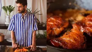Frango assado com cenouras tostadas