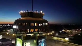 Water Tower at Dusk in Lethbridge, Alberta, Canada (Night Drone Footage of the City)