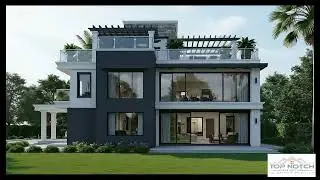 A modern, multi-story house combines white and dark grey facades