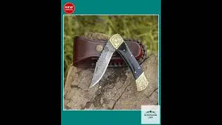 Ironstorm Handmade Damascus Pocket Knife Engraved with Leather Sheath & Horn Handle