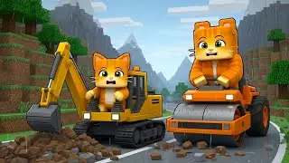 Kitten Drives Excavator in Rainy Landslide 😱 Mama Cat Saves Him 🐱|Ginger Minecraft Animation