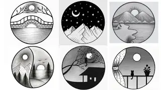 6 Easy Nature drawing in Circle | Beautiful circle Scenery Drawing | Nature Drawing | Pencil Sketch