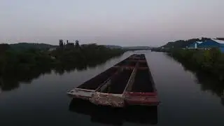 Drone flyover - Waterfront pump house and barge, Homestead PA