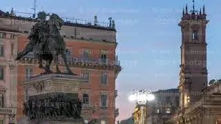 Piazza del Duomo day to night timelapse with Monument to Victor Emmanuel II. Milan, Italy