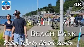[4k] Summer Riding through Alki Beach to Pier of Water Taxi in West Seattle by Electric Scooter !