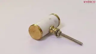 KNOBMC 012 Brass and Marble Stone White Cylinder Shape Cabinet Drawer Knob