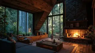 Cozy Cabin Jazz Music Rain Waterfall View - Relaxing Smooth Jazz for Study & Sleep