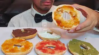 COLORFUL CRUNCHY BAGELS ASMR BREAKFAST WITH JAM, NUTELLA,CREAM CHEESEM HONEY AND PISTACHIO CREAM