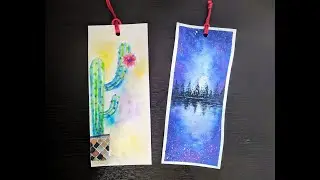 Clase de pintura con acuarelas - separadores de libros - cactus y paisaje