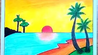 how to draw scenery of sea beach with sunset ☀ || easy oil pastel drawing |||