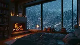 Heavy Snow Falling Outside a Warm Log Cabin | Crackling Fireplace Sounds for Deep Sleep and Calm
