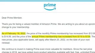 Amazon Annual Prime membership Increasing from $119 to $139