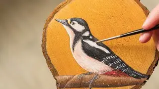 Дятел на ветке  - Рисование акрилом на спиле дерева / Homemade Illustration