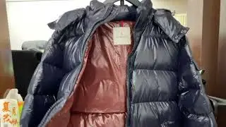 M-oncler Maya down puffer jacket in a glossy navy blue nylon shell with a brown lining