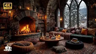 Cozy Fireplace Jazz Music in a Winter Cabin 🔥❄️ Snowfall, Books, Coffee and Deep Relaxing Ambience