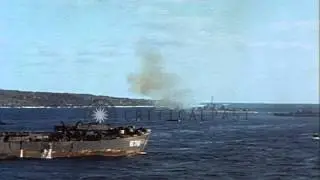 US Infantry Landing Craft and Tank Landing Ship in the bay of Iwo Jima, Japan. HD Stock Footage