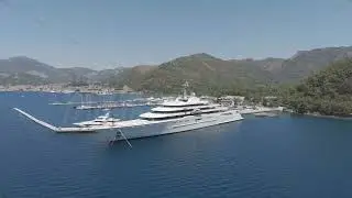 D-Log M. Marmaris, Turkey. Aerial drone view close up of superyacht Eclipse hull at Albatros Mari...