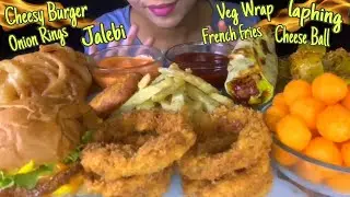 ASMR EATING|| CHEESY BURGER, ONION RINGS, FRENCH FRIES, CHEESE BALLS, LAPHING, VEG WRAP, JALEBI🤤
