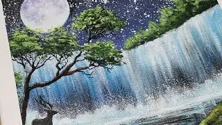 Easy  starry  night sky / Waterfall Painting / Acrylic Painting #44