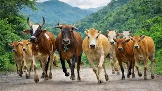 Ratusan sapi lembu jinak di desa berlari penuh semangat keluar dari kandang berjalan ke arah hutan