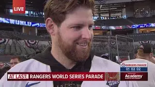 Jordan Montgomery talks at the Texas Rangers 2023 World Series parade