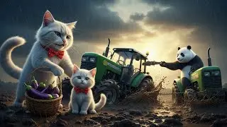 Mama Cat and Kitten Go for Vegetables in Rain, Get Stuck in Mud — Panda to the Rescue! 🐱🍆🌧️🐼