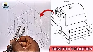 Circles, Curves And Arcs In Isometric Projection Of A Cast Iron Bearing Block. Technical drawing