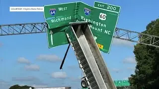 Semi&rsquo;s trailer crashes into I-64 sign; interstate closed for hours