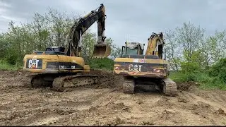 CAT 325 BLN & CAT 325 DL. Backhoe working. Heavy Excavator digging.