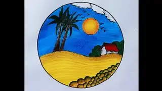 A Peaceful Village Landscape Inside a Circle | Easy Drawing Art