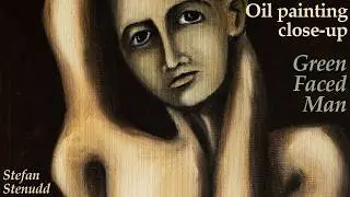 Close-up of an oil painting: GREEN FACED MAN, by Stefan Stenudd