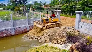 Start Opening New Project!!Bulldozer KOMAT'SU D20P pushing Soil into flooded​ & Trucks 5Ton.
