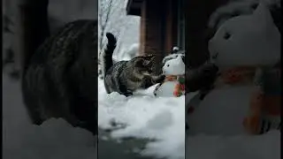 A cat plays with a snowman. #cat #snowman source image is from vecteezy website user Ignatius H. P.