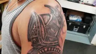 Gladiator tattoo by Boris Kuryakin, first session of a roman sleeve design, January 30, 2019