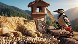 🐱😴 #SleepyCat🐦🔪 #FunnyBird😹🎬 #CinematicMoment🌅✨ #goldenhourdrive  🏡🏠 #RooftopLife