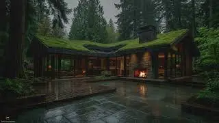 Serene Night Rain, Fireplace & Soft Thunder for Mental Clarity in a Tranquil Forest Grass Roof Home