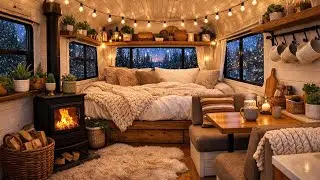 Cozy Winter Van Ambience ❄️ Crackling Fireplace & Falling Snow (ASMR)